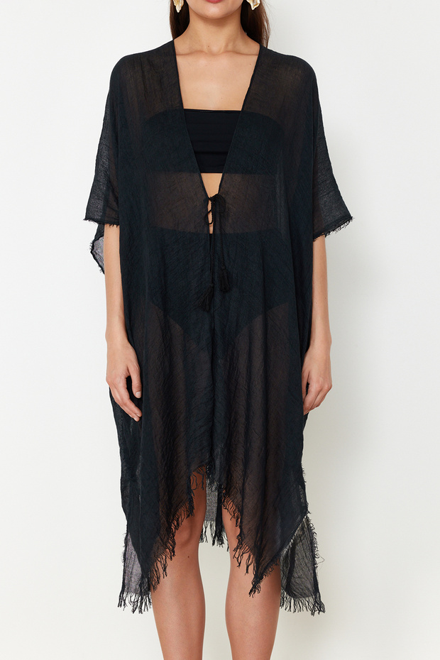 Siyah Dokuma Püskül Midi Plaj Kimono&Kaftan TBESS24KM00057 - 4