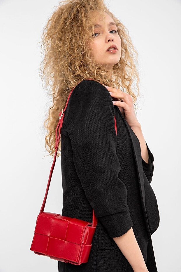 Kalın Örme Derili Kırmızı Mini Çanta - 3