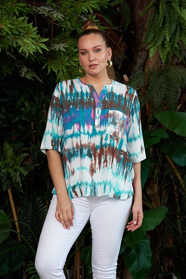 Batik Pattern Sequined Plus Size Indigo Blouse