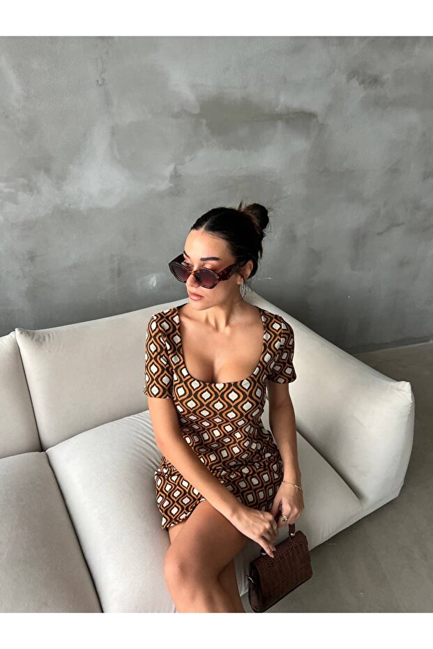 Retro Desen U Yaka Elbise - 4