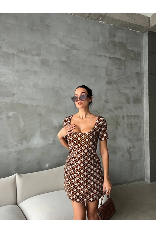 Retro Desen U Yaka Elbise - 7