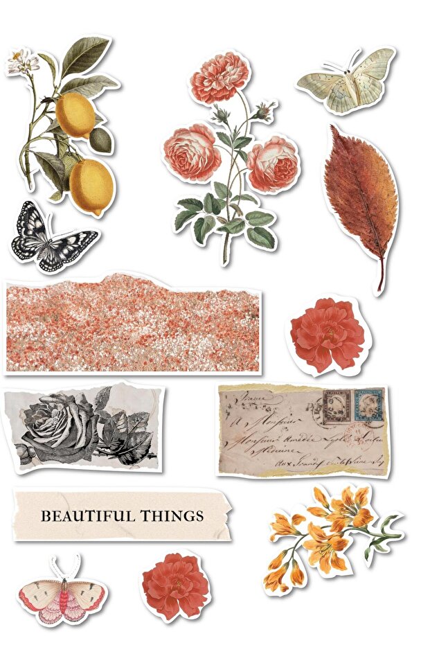 Vintage Botanical Sticker Set, 13 Pieces Waterproof, Flower Sticker, Journal, Memopad, Daily Compatible