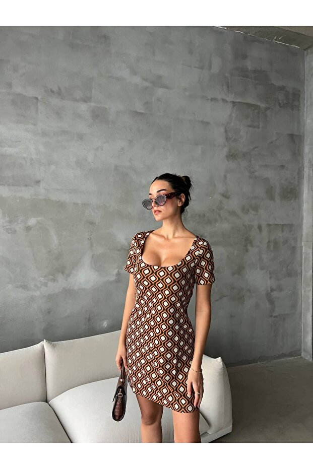 Retro Desen U Yaka Elbise - 1