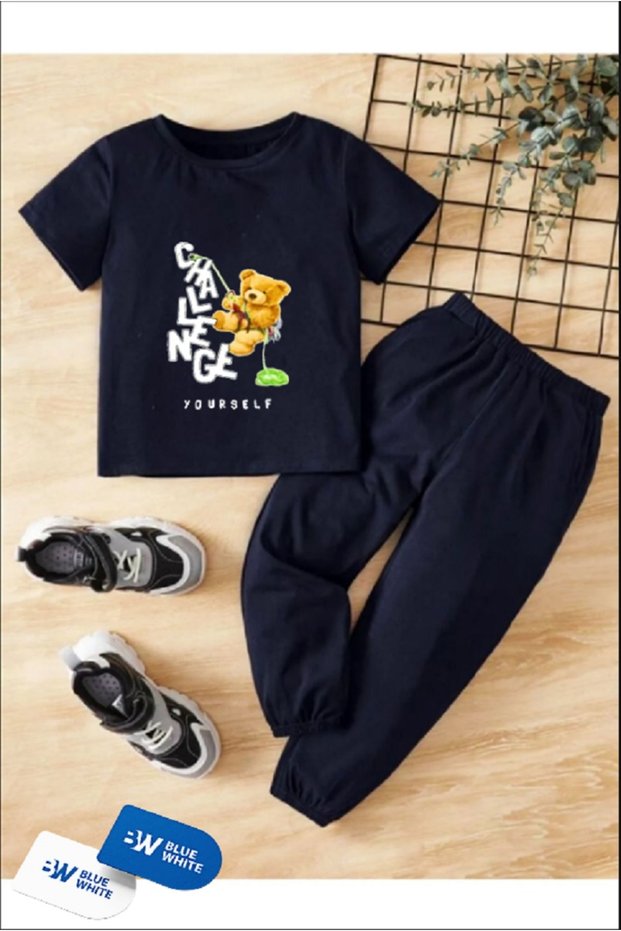 Boy's/Girl's Callenge Teddy Bear Printed T-Shirt-Sweatpants Set