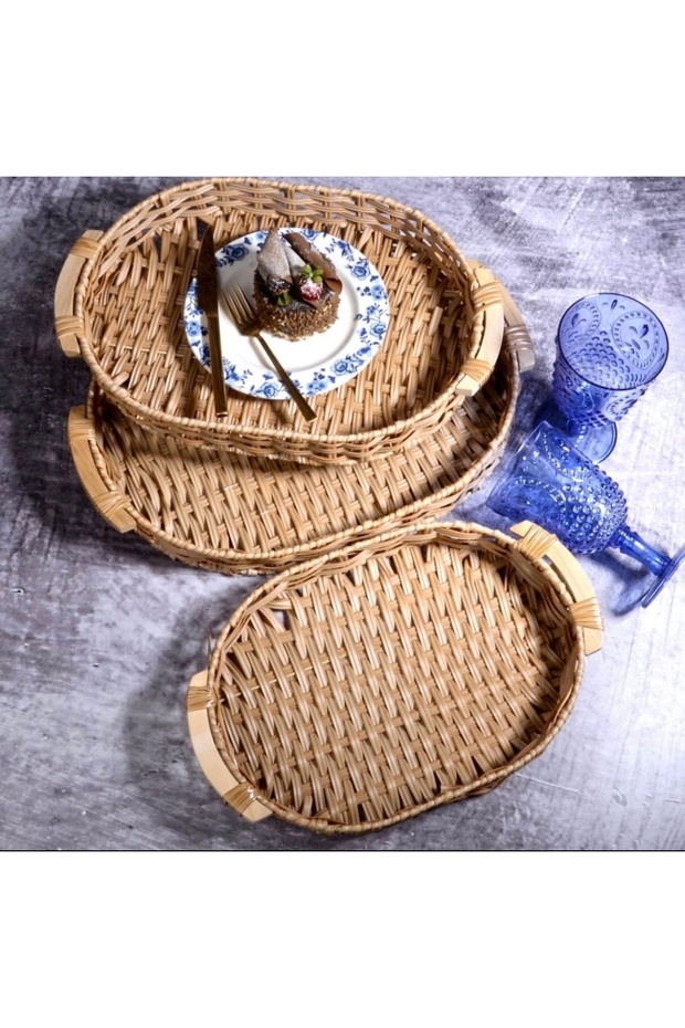 3’lü Hasır Örme krem Oval Tepsi Seti evimsahane - 1
