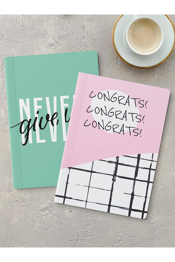 Çizgisiz Defter Seti, 2 Adet Motivasyon Desenli Notebook, Not Defteri, Anı Defteri, 64 Sayfa - 1