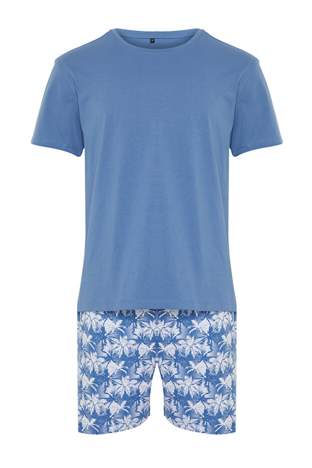 Mavi %100 Pamuk Regular Fit Palmiye Baskılı Şortlu Pijama Takımı THMSS21PT0331 - 8