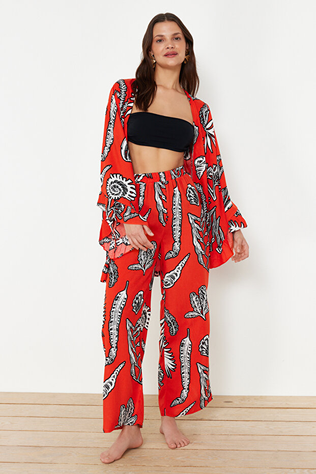 Çiçek Desenli Dokuma Plaj Pantolon TBESS24PL00021 - 6