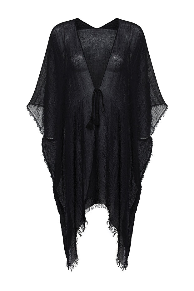 Siyah Dokuma Püskül Midi Plaj Kimono&Kaftan TBESS24KM00057 - 6