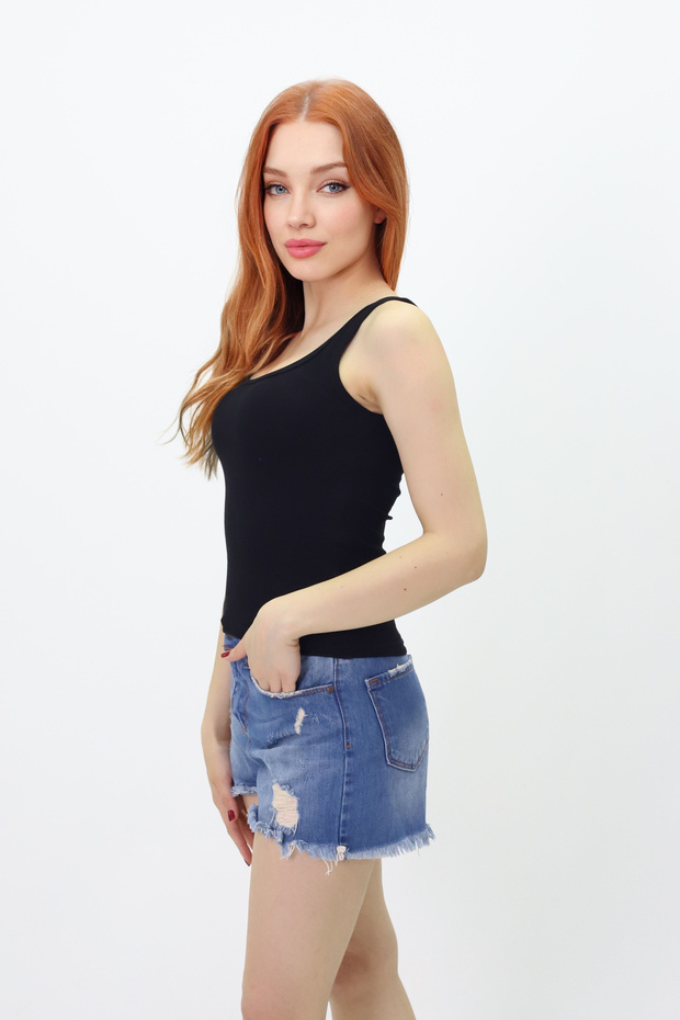 Kadın Fitilli Görünümlü Kalın Askılı Basic Beyaz Atlet pamuklu - 2