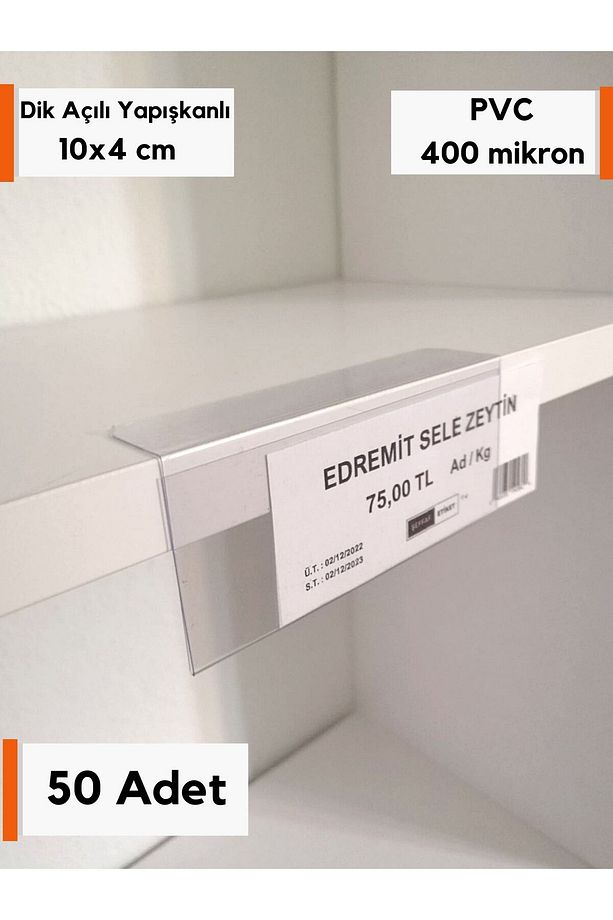 50 Adet Pvc Etiketlik Raf Önü Dik Yapışkanlı 10x4 Cm Vitrin Etiketliği, Raf Önü Etiketlik Isimlik - 1