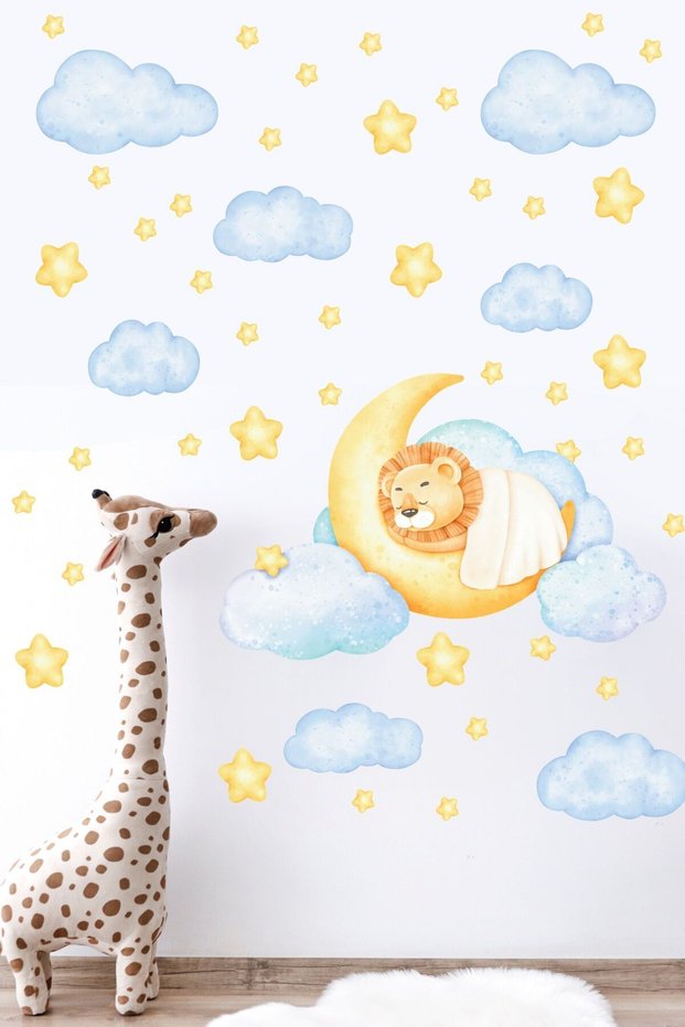 Kids Baby Room Sticker Set, Yellow Sleeping Lion Themed Kids and Baby Room Wall Sticker