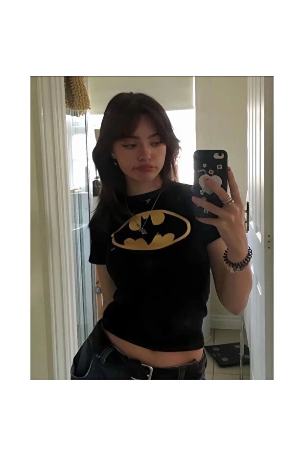 BATMAN BASKILI SİYAH CROP - 1