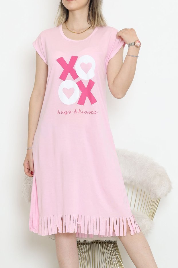 Heart Patterned Tasseled Viscose Combed Cotton Casual Dress