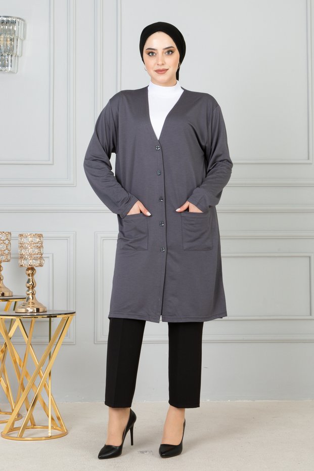 Women's Gray Mother Long Thin Combed Cotton Cardigan
