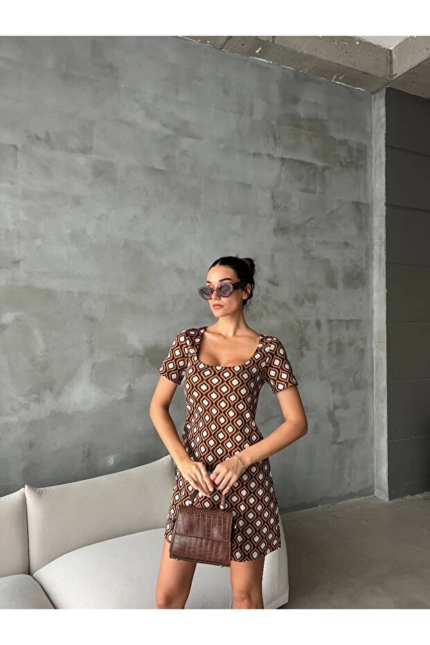 Retro Desen U Yaka Elbise - 5