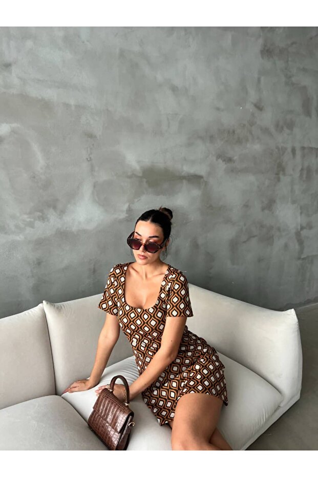 Retro Desen U Yaka Elbise - 3