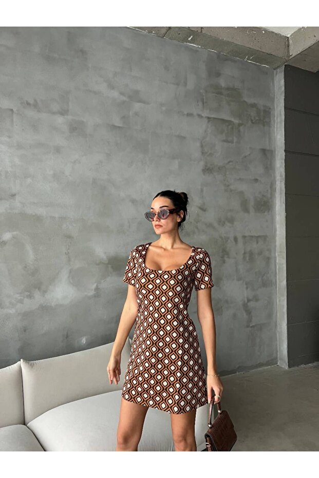 Retro Desen U Yaka Elbise - 6