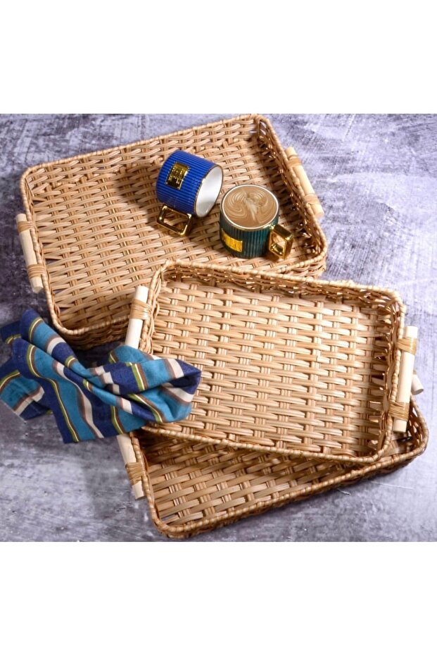3’lü Hasır Örme Dikdörtgen Tepsi Seti EVİMSAHANE - 1
