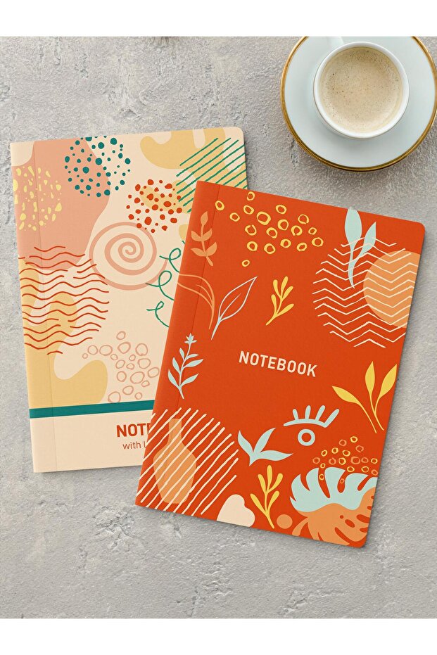 Çizgisiz Defter Seti, 2 Adet Vintage Desenli Notebook, Not Defteri, Anı Defteri, 64 Sayfa Orta Boy - 1