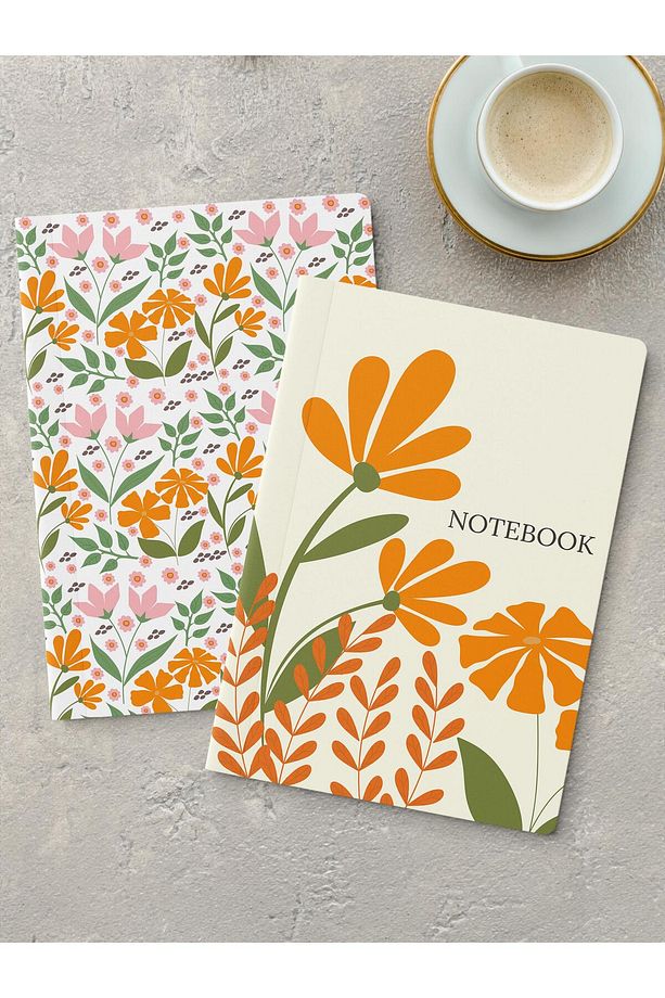 Çizgisiz Defter Seti, 2 Adet Vintage Desenli Notebook, Not Defteri, Anı Defteri, 64 Sayfa Orta Boy - 1