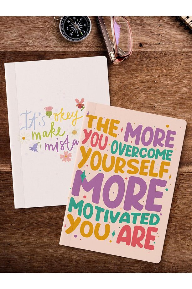 Çizgisiz Defter Seti, 2 Adet Motivasyon Desenli Notebook, Not Defteri, Anı Defteri, 64 Sayfa - 2