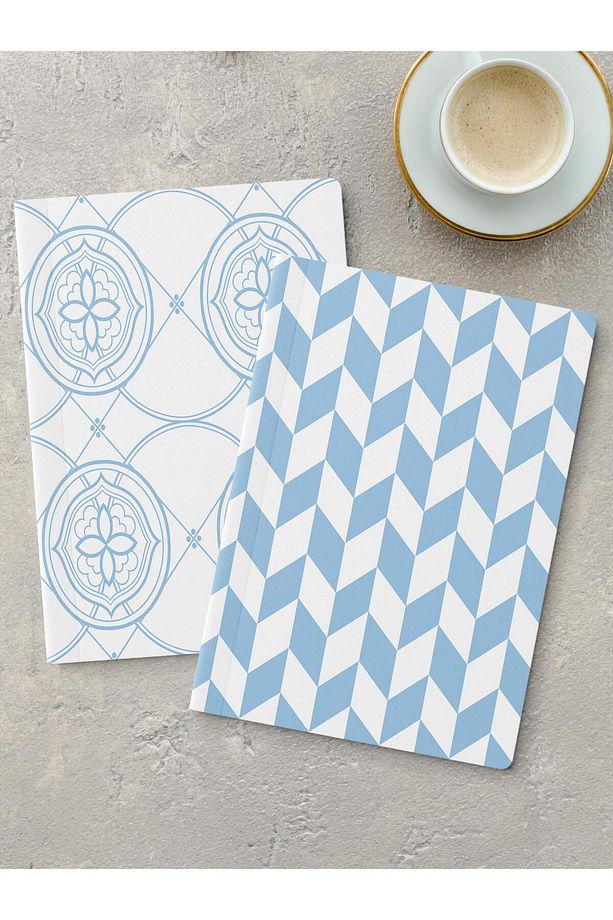 Çizgisiz Defter Seti, 2 Adet Geometrik Desenli Notebook, Not Defteri, Anı Defteri, 64 Sayfa Orta Boy - 1