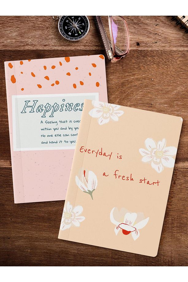 Çizgisiz Defter Seti, 2 Adet Motivasyon Desenli Notebook, Not Defteri, Anı Defteri, 64 Sayfa - 2