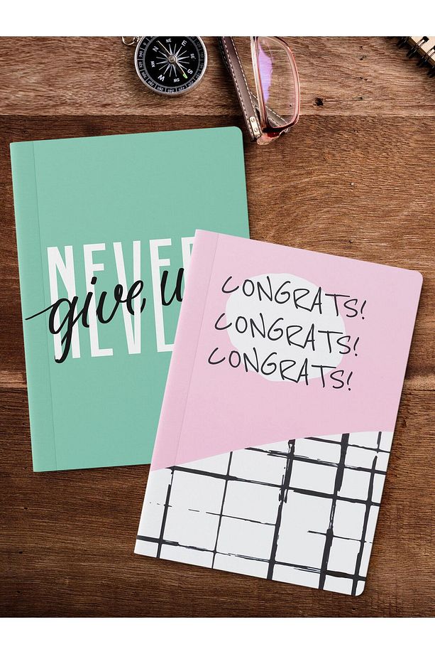 Çizgisiz Defter Seti, 2 Adet Motivasyon Desenli Notebook, Not Defteri, Anı Defteri, 64 Sayfa - 2