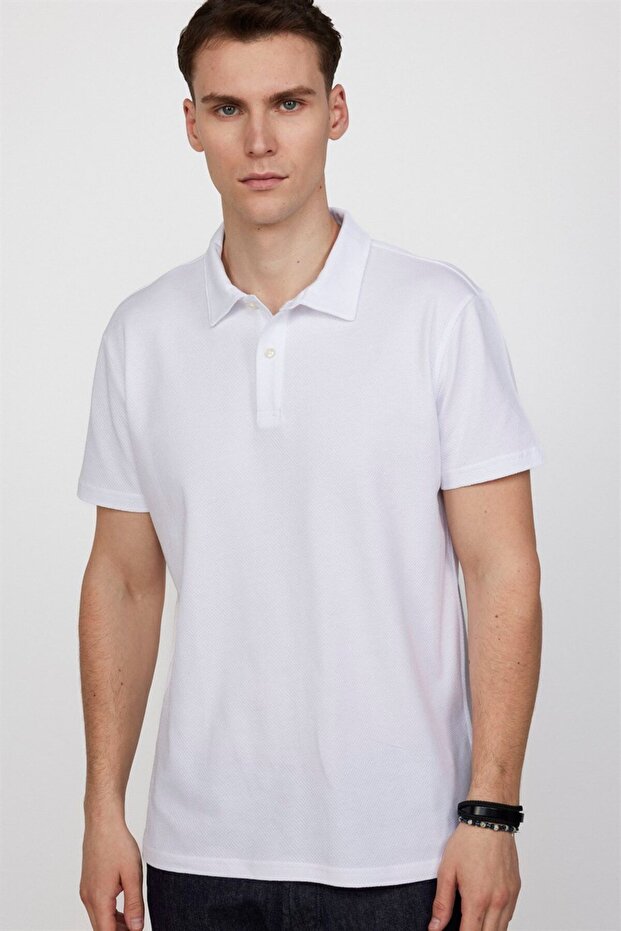 Men's Slim Fit Slim Fit 100% Cotton Patterned White Polo Collar T-Shirt