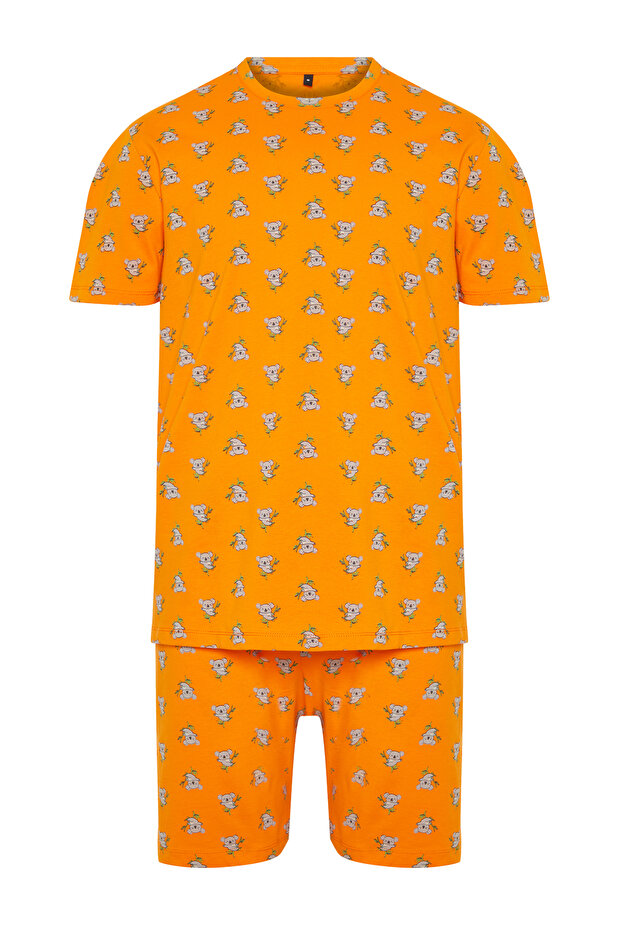 Turuncu %100 Pamuk Regular Fit Koala Baskılı Örme Şortlu Pijama Takımı THMSS21PT1239 - 10
