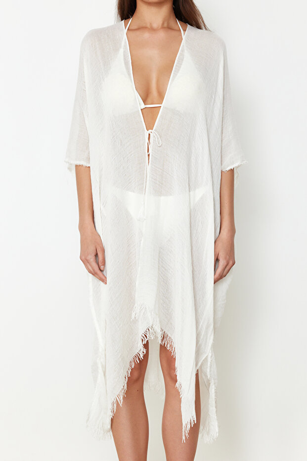 Ekru Dokuma Püskül Midi Plaj Kimono&Kaftan TBESS24KM00057 - 3