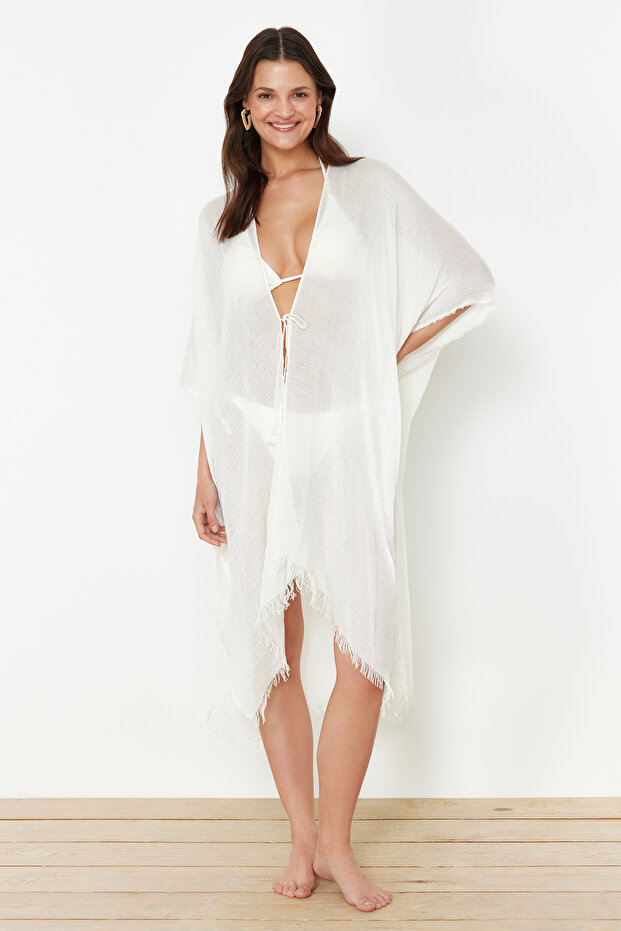 Ekru Dokuma Püskül Midi Plaj Kimono&Kaftan TBESS24KM00057 - 6