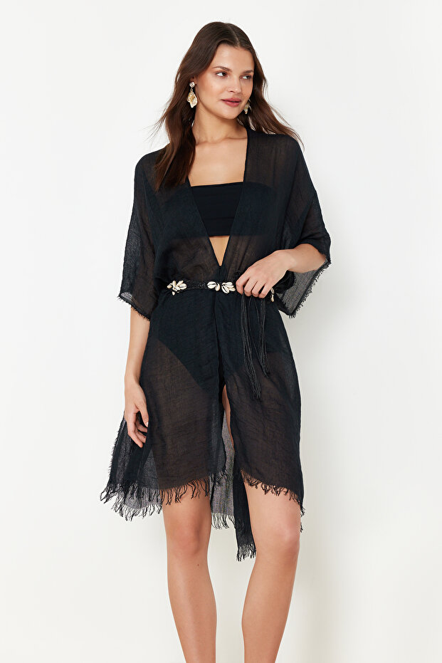 Siyah Dokuma Püskül Midi Plaj Kimono&Kaftan TBESS24KM00057 - 1