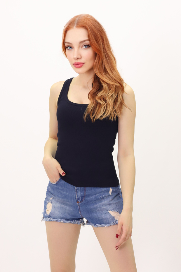 Kadın Fitilli Görünümlü Kalın Askılı Basic Beyaz Atlet pamuklu - 5