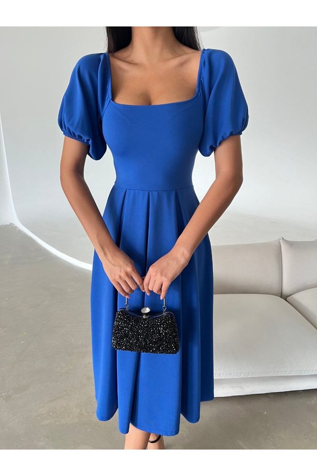 New Season Women's Stretchy Scuba Fabric Square Neck Balloon Sleeve Design Black Midi Evening Dress 582613