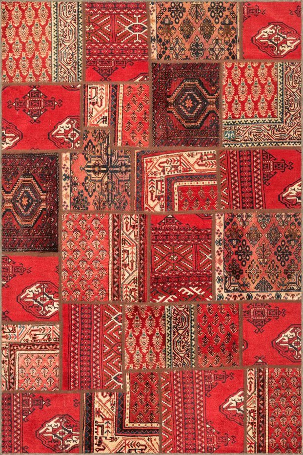 Red Themed Traditional Motif Patchwork Patterned Vintage Decorative Carpet 4772