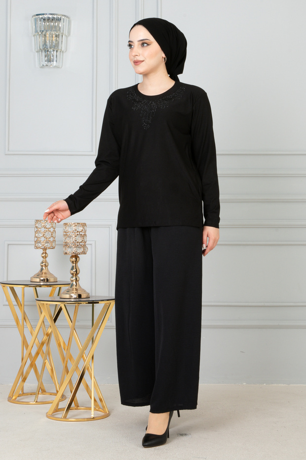 Women's Mother Black Long Sleeve Lycra Front Patterned Combed Cotton Blouse