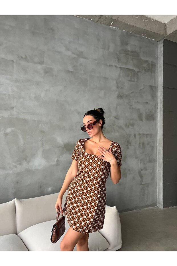Retro Desen U Yaka Elbise - 2