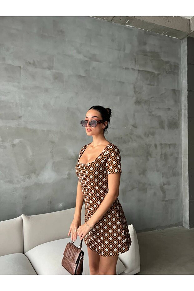 Retro Desen U Yaka Elbise - 8