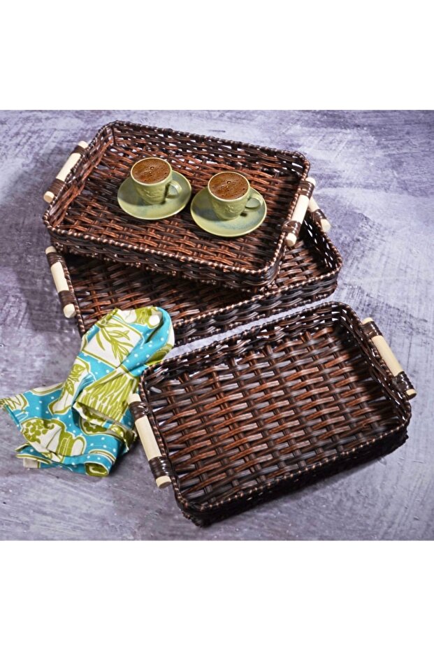 3’lü Hasır Örme Dikdörtgen Tepsi Seti evimsahane - 1