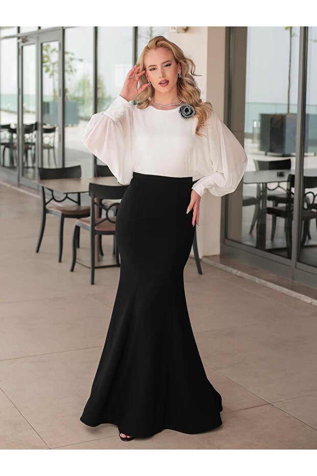 Black Ecru Chiffon Bat Sleeve Evening Dress