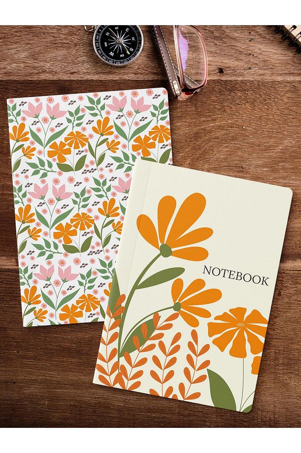 Çizgisiz Defter Seti, 2 Adet Vintage Desenli Notebook, Not Defteri, Anı Defteri, 64 Sayfa Orta Boy - 2