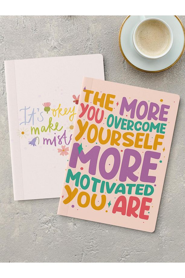 Çizgisiz Defter Seti, 2 Adet Motivasyon Desenli Notebook, Not Defteri, Anı Defteri, 64 Sayfa - 1