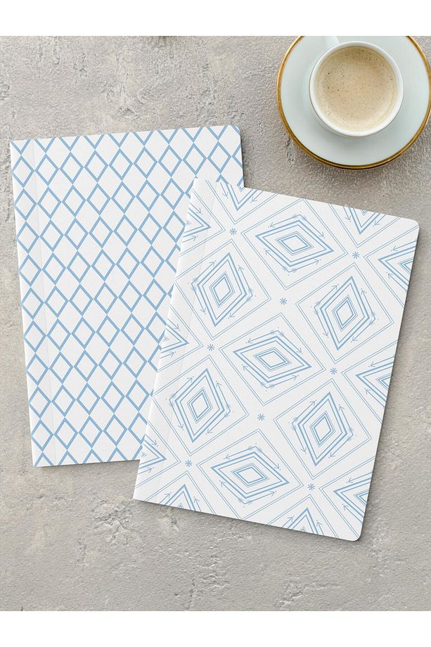 Çizgisiz Defter Seti, 2 Adet Geometrik Desenli Notebook, Not Defteri, Anı Defteri, 64 Sayfa Orta Boy - 1