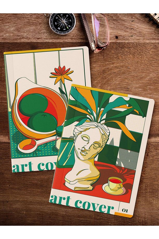 Çizgisiz Defter Seti, 2 Adet Vintage Desenli Notebook, Not Defteri, Anı Defteri, 64 Sayfa Orta Boy - 2