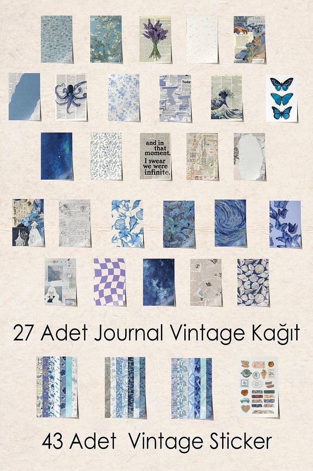 Vintage Journal Defter Seti, Vintage Notebook Seti Mavi, 27 Vintage Kağıt, 30 Adet Vintage Sticker - 3