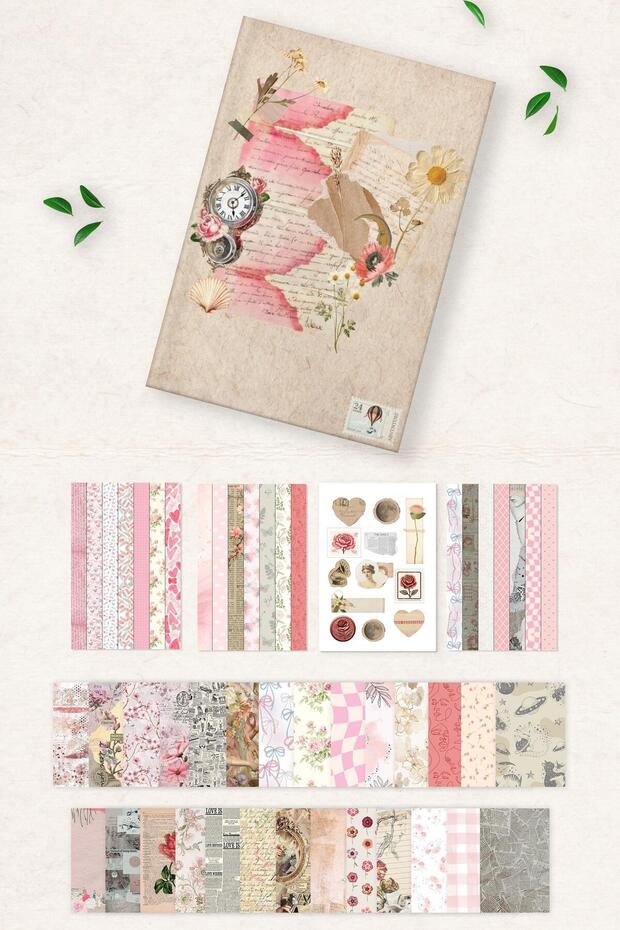 Vintage Journal Notebook Set, Vintage Notebook Pink, 27 Vintage Papers, 30 Vintage Stickers