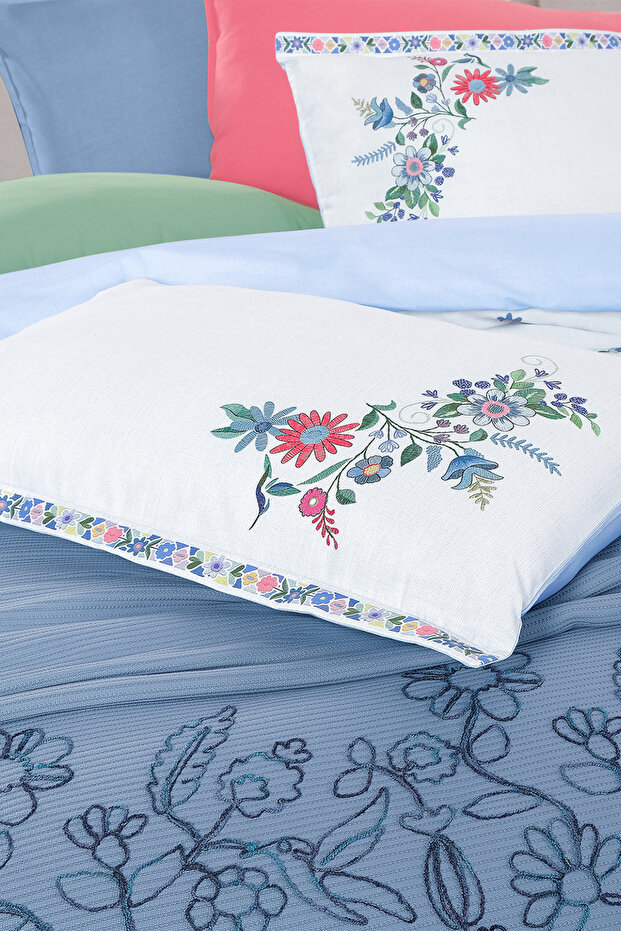 Eva Mia Mavi Tek Kişilik %100 Pamuk Nevresim Takımı ve Pike Seti - 7