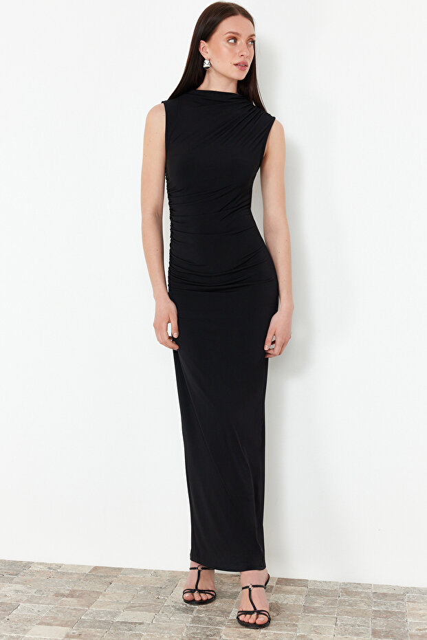 Siyah Drapeli Fitted/Vücuda Oturan Dik yaka Kolsuz Esnek Örme Maxi Kalem Elbise TWOSS24EL00830 - 3